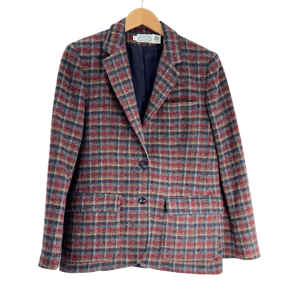 The Villager Plaid Blazer Skirt Set Wool Women's Size 14 Red Blue Tan maroon